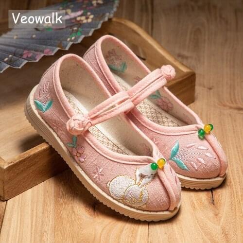 Veowalk Kids Girls Jacquard Cotton Flower Embroidered Platform Flats Children Soft Playing Walking Sneakers Chinese Style Shoes