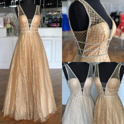 Gold Sequins Prom Dresses 2k19 Long A Line V Neck Silver vestidos de fiesta largos elegantes de gala Sparkling Pageant Gowns