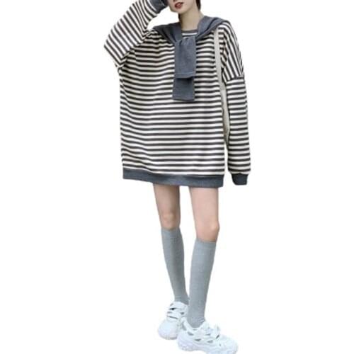 PERHAPS U Girls Causal Street Cotton Striped Spliced O-Neck Carf Collar Raglan Sleeve Fleece Thick Long Pullover Hoodie B3096
