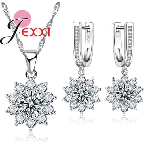 Solid Snowflake Jewelry Set CZ Crystal Shining Flower Pendant Necklace And Earrings Set For Engagement Women