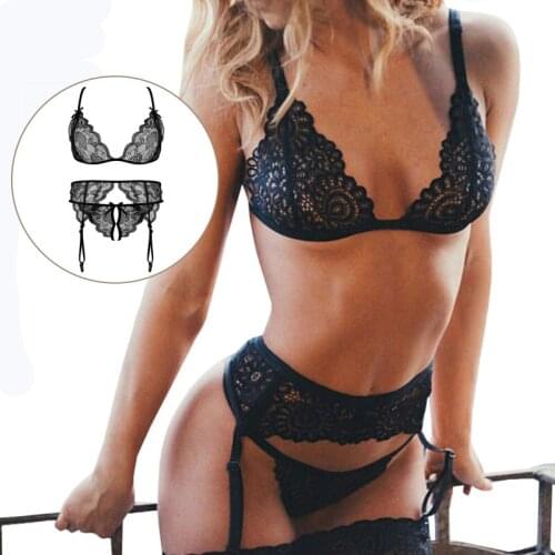 Bra Set Sexy Erotic Lingerie Transparent Push Up Bralette Women Lace Wire Free Bra And Panty Set G-string Underwear 3pcs Sets