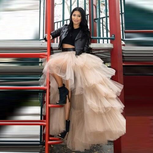 Trendy Brazilian Women Tulle Skirt jupe femme faldas Hi Low Long Skirts Tiered Party Female Wear Khaki Skirt Asymmetrical