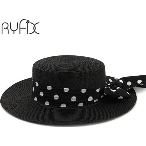 Fashion Sun Hat polka dot ribbon bow sun hat Personalized Customize Beach Hat flat-top cap Female Caps HA06