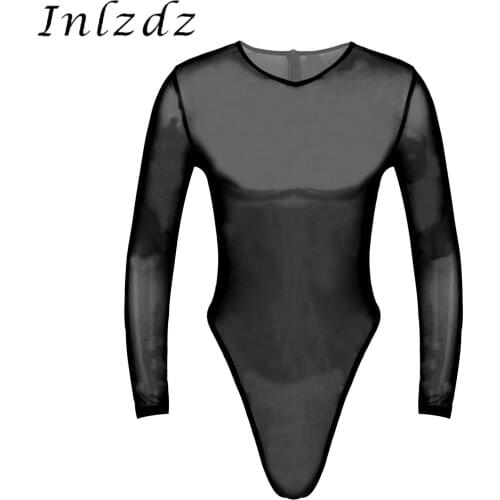 Mens Sexy Lingerie See-Through Mesh Bodysuit Sleepwear Long Sleeve High-Cut Thongs Back Zipper Leotard Slim Fit Jumpsuit