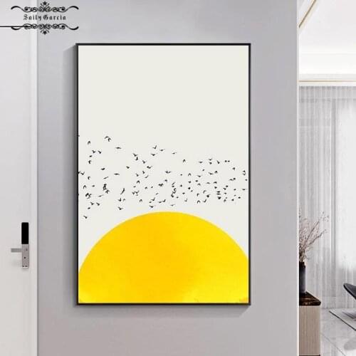 Nordic Minimalist Birds Group Migration landscape Poster Yellow Sun Canvas Paintings Prints Wall Art Pictures for Home decor