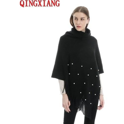 Women Capes Beading Solid Poncho 2020 Autumn Winter Knitted New Bat Sleeves Sweater Triangle Tassel High Neck Pullover Coat