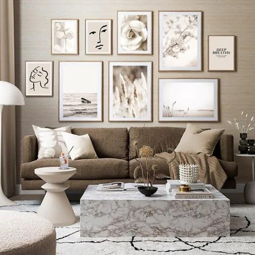Beige Reeds Flower Sea Landscape Canvas Poster Plant Botanical Print Simplicity Line Wall Art Painting Nordic Decoration Picture