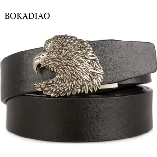 BOKADIAO mens genuine leather belt vintage Eagle Automatic Buckle Black Cowskin belt Luxury designer Belts for Men high quality
