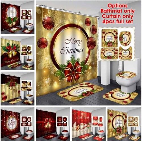 Merry Christmas Shower Curtain Bathroom Set Snowman Bell Pattern Bath Curtains Non Slip Toilet Cover Floor Mat Rug Santa Claus