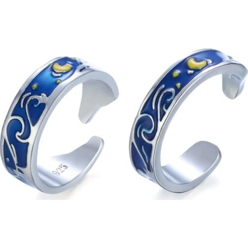Silver Color Van Gogh Starry Sky Couple Ring Blue Starry Night Adjustable Lover Rings For Women Men Valentines Gift Jewelry