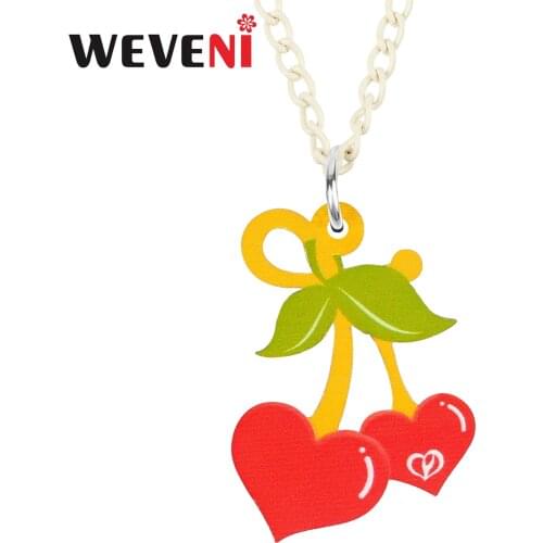 WEVENI Valentines Day Acrylic Red Love Heart Shape Cherry Necklace Pendant Long Fashion Charms Jewelry Gifts For Women Girls