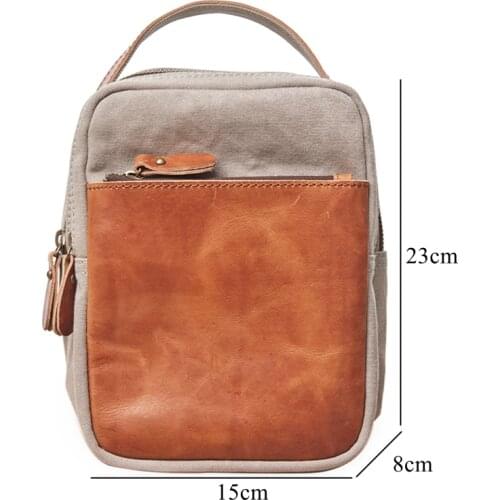 WOONAM Men Vintage Japanese Literary Canvas Genuine Cowhide Leather Trim Patched Mini Satchel Chest Bag WB679