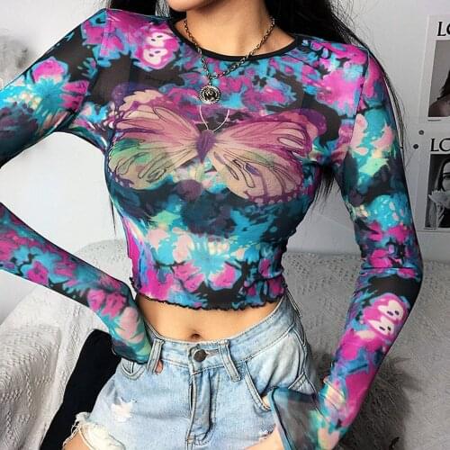 Summer Long Sleeve T-Shirt Women Gorgeous Color Gradient Multicolor Butterfly Print Net Gauze Cropped Streetwear camiseta mujer