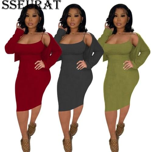 SSEURAT Autumn Women Set Sleeveless Strap Dress+Long Sleeve Coat Sexy Night Club Tracksuits Two Piece Suit