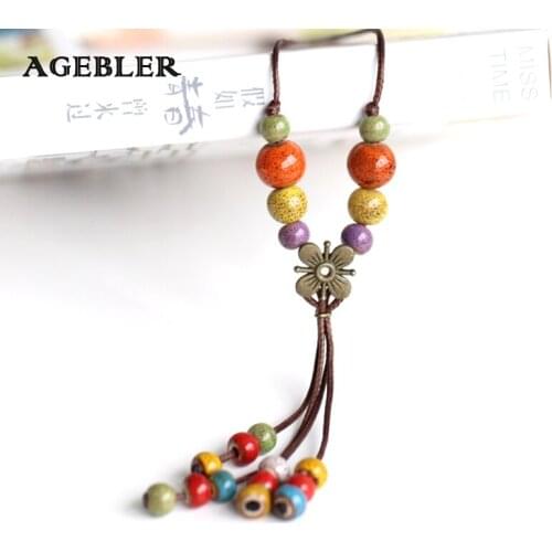 Women Fashion Elegant Jewelry Handmade Ceramic Necklace Pendant Accessories Ethnic Tibetan Red Yellow purple Beads for Girls