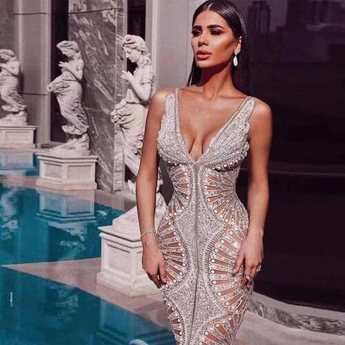New Fashion 2020 Woman Dress Sequin V-Neck Sleeveless Hollow Out Silver Sexy Maxi Dress For Women Femme Robe