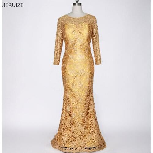 JIERUIZE robe de soiree Gold Lace Mermaid Long Evening Dresses Long Sleeves Mother of the Bride Dress Formal Dress abendkleider