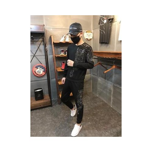 100%real luxury mens black rhinestone beading tiger long sleeve T shirt with pants/leisure