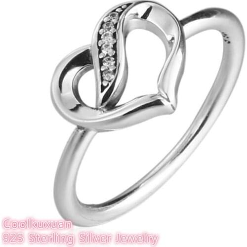 Valentines Day 925 Sterling Silver Ring Ribbons of Love, Clear CZ Rings Fits European Brand Coolkuxuan Jewelry