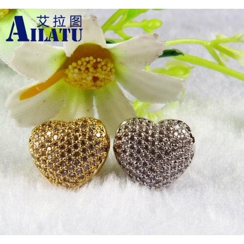 Ailatu Wholesale 10pcs/lot Micro Pave Clear Cubic Zirconia Heart of Love Charm Fit DIY Jewelry
