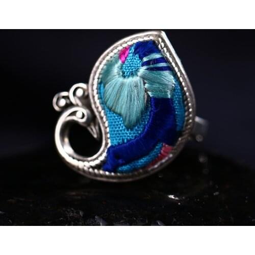 100% handmade Ethnic pure hand embroider Ornament features miao silver ring luck embroidered ancient female ring shipping free