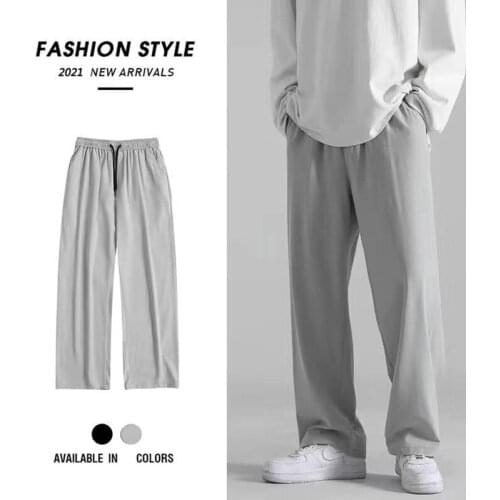 Korean Summer Silk Feel Straight Long Pants Men 2021 Thin Light-Weight Wild Leg Trousers Solid Color Mens Clothing