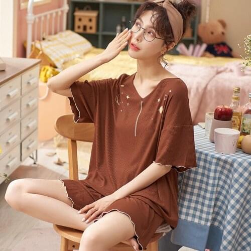 Summer Korean Fashion Light Green Modal Cotton Short Sleeve Women Pajamas Sets Simple O-Neck Plus Size Female Sports Homewear