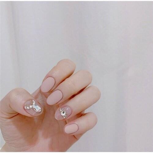 Matte cream pink pure color with water drop shape diamond decoration 3d fake nails Bride cute false nails lady full nail tips