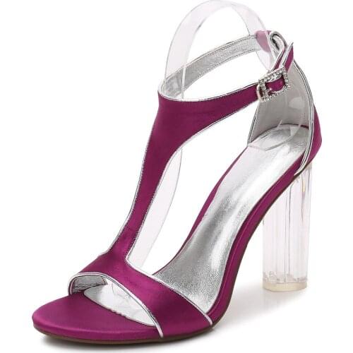 Sweet block thick 10cm heel satin lady evening dress shoes summer sandals T strap sexy woman high heels white ivory purple red