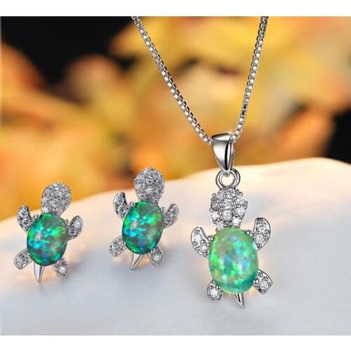 White Blue Green Opal Wedding Jewelry Sets Female Cute Small Sea Turtle Necklace Earrings Luxury Bridal Engagement Set For Women