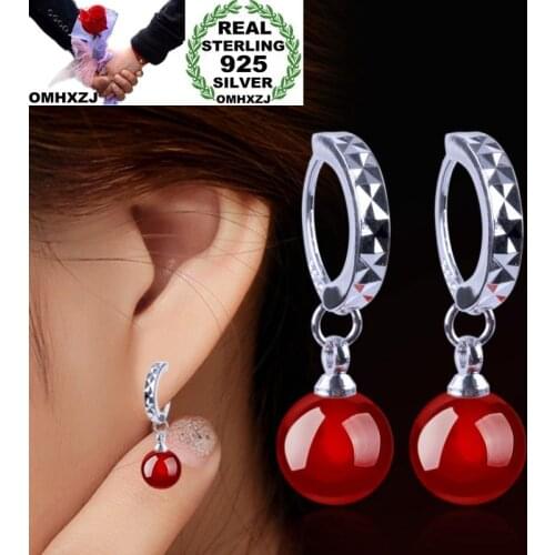 OMHXZJ Wholesale European Fashion Woman Girl Party Wedding Gift Red Black Agate Balls 925 Sterling Silver Drop Earrings EA319