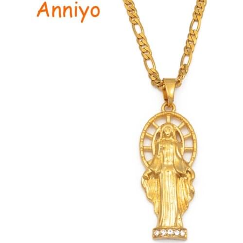 Anniyo Virgin Mary Pendant Necklaces W/Stone Women Men Gold Color Our Lady Jewelry Wholesale Colar Cross Religion Chains #016116