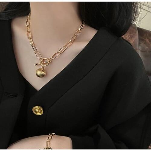 Rongho New Brand Brush Metal Round Ball Pendant Necklace for Women Gothic Jewelry Big Chain Chokers Necklaces PUNK Gold Colliers