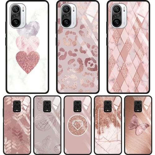 Glass Shell For Xiaomi Redmi 9 9A 8A 9C K40 K30 Note 10 9 9S 8 7 9T 8T Pro Max Silicon Case Cover Pink Gold Rose Glitter Hearts