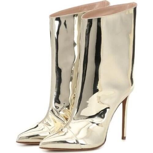 Patent Leather Light Gold Woman Mirror Pointed Toe Thin Heels Mid-calf Short Boots Sexy Heels Plus Booties Lady Drop Shipping