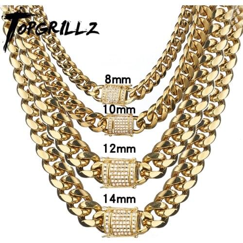 TOPGRILLZ Necklace Bracelet Set 8/10/12/14MM STAINLESS STEEL Gold Miami Cuban Curb Chain Hip Hop Fashion Jewelry Gift For Men
