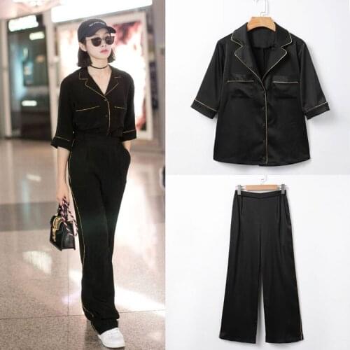 Black 2PC set women casual plus size loose short sleeve black blouses+ black wide leg long pants pajamas suit 2018