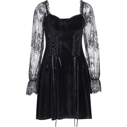 Spring Autumn New Women Lace Dress Velvet Long Sleeve Patchwork Women Mini Party Dresses A-line Pleated Vintage Vestidos