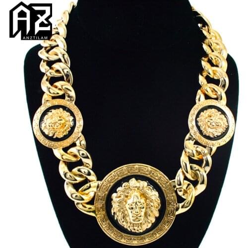 Hip Hop 3 Lion Heads Necklace For Women Punk Gold Plated Cuban Chain Pendants Statement Girl Jewelry Chokers Collar Free Ship