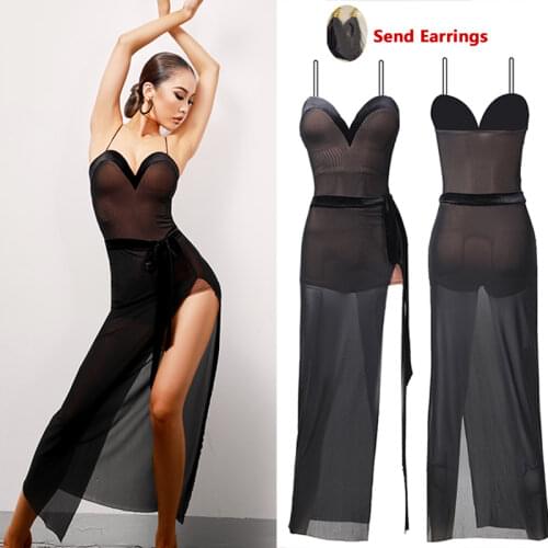 Sexy Latin Dance Dress Practice Suspender Mesh Dress Female Summer Latin Dance Competition Dresses Latin Performance Wear SL3435
