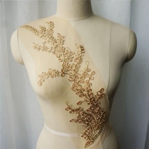 Gold Embroidered Flower Leaf Appliques Lace Fabric Trims Collar Mesh Sew Patch For Wedding Decoration Dress DIY