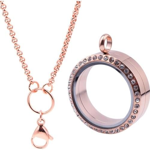10pcs 30MM Rose Golden Stainless Steel Twist Waterproof Glass living Memory thick Locket Necklace with Rhinestone for 8mm Pearl