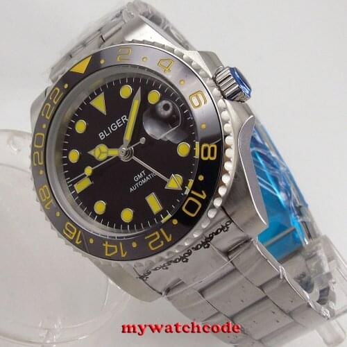 40mm bliger black dial GMT yellow marks date sapphire glass automatic mens watch