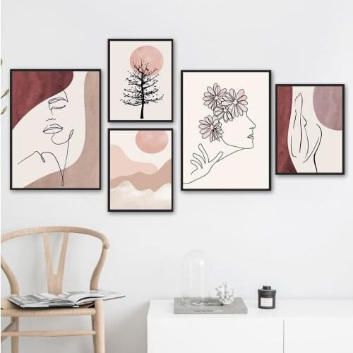 Abstract Woman Lines Sun Trees Mountains Wall Art Canvas Painting Nordic Posters And Prints Wall Pictures For Living Room Decor