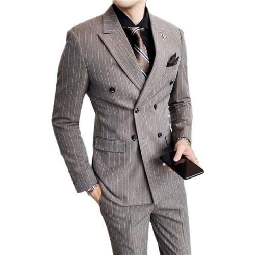Blazer + Pants ) Groom Wedding Dress High-end Brand Striped Mens Double-breasted Formal Suit 2 Pces Set Social Stage Suit