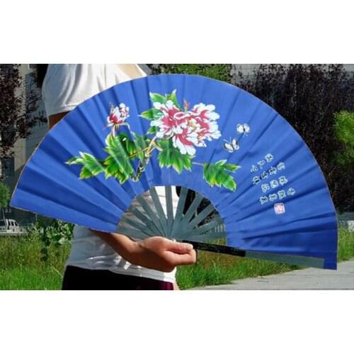 4color 14.9" DOUBLE SIDED peony fan thick stainless steel Yellow/golden/black/blue tai chi fan kung fu fans martial arts