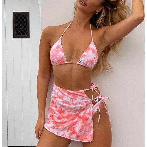 Bathing Bikini Neon Tie Dye 3 Piece Set Womens swimsuit Swimwear Shiny Pink Woman clothes Underwear Beachwear Bra And Panty Set