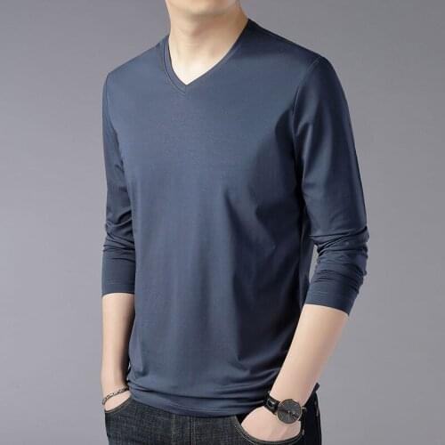 95% Mercerized Cotton Mens Long Sleeve Tshirt V-neck Solid Color Casual Basic Bottom T Shirt Men Slim Fit XXXXL Navy Blue Fall