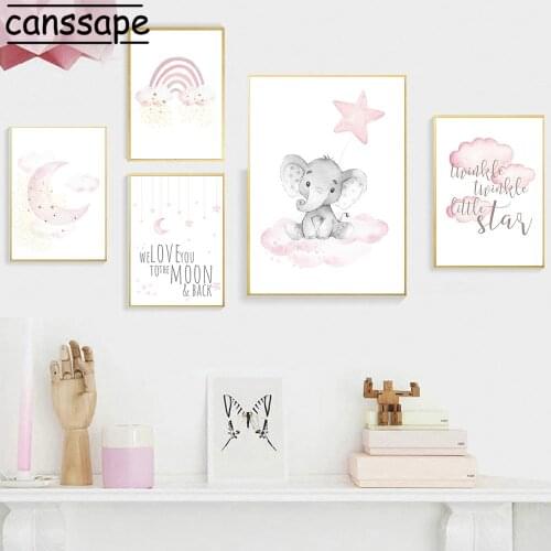 Pink Star Moon Elephant Art Poster Rainbow Canvas Print Nursery Wall Art Painting Posters Nordic Picture Kids Bedroom Decor
