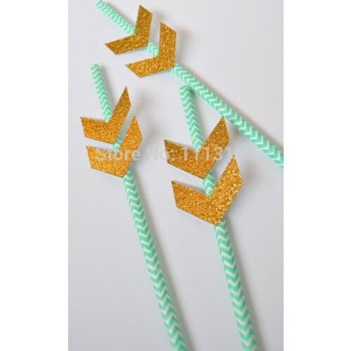 Custom cheap Gold Glitter Arrow Feather Cheveron Aqua Straws engagement birthday bridal shower Wedding Party Paper Straws